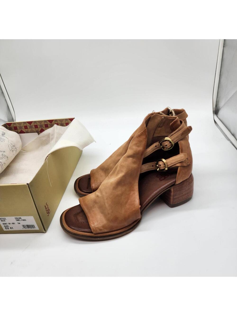 A.S.98 Naldo Sandals 41 10 Camel Tan Leather Buckle Peep Toe Bootie Europe